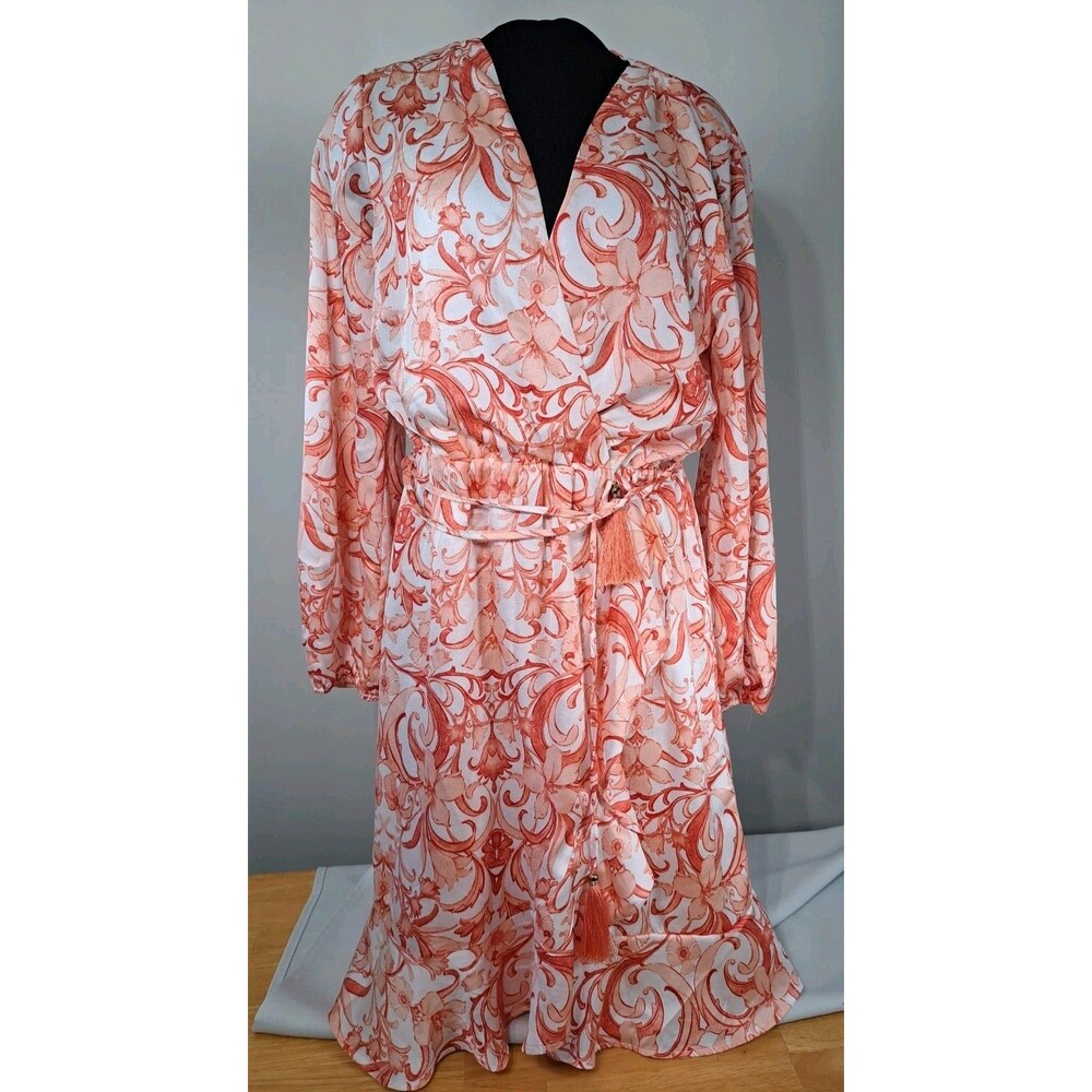 Tahari Arthur S. Levine Women Faux Wrap Dress Orange & White V-Neck Size Large